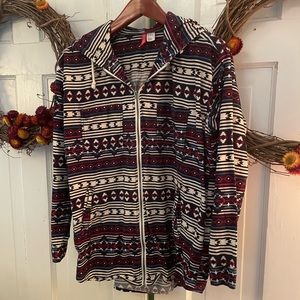 Divided Aztec Print Zip Front Hooded Flannel Shirt Women's Size 14